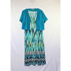 Women's Danny and Nicole 2 Piece Green Geometric Print Dress and Green Jacket 1X
